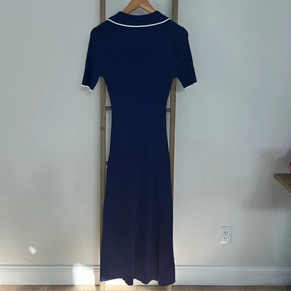 Merokeety Ribbed Knit MIDI Polo Dress Blue Button V-Neck Size S NWT Old Money - Picture 5 of 9
